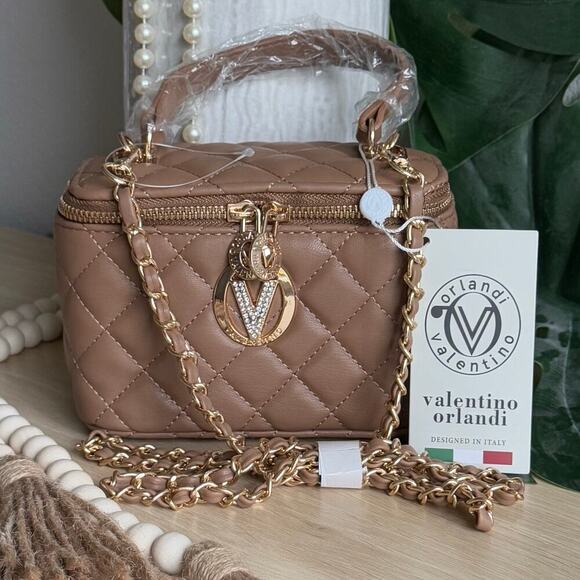 NWT Valentino Orlandi Quilted Vanity Box Bag | Chain Strap | Taupe - Picture 1 of 10